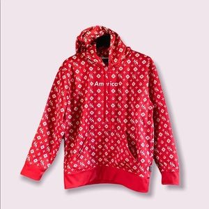 Greater Half Red fleece lined hoodie. White star detail. USA logo NWOT